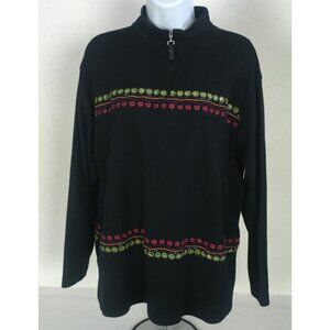 Bechamel Top Size XL Black w Embroidered Sequined Flowers 1/4 Zip Long Sleeves